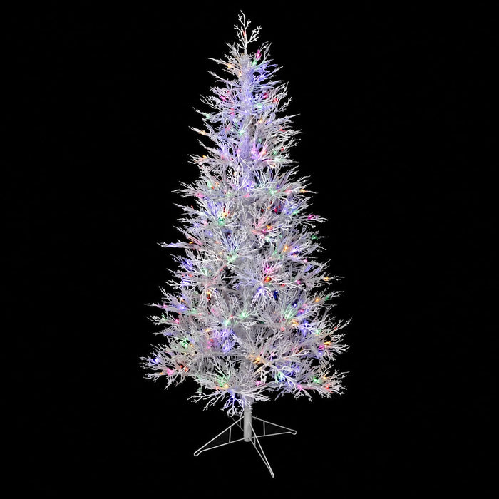 7'Hx45"W PE Flocked Twig Artificial Christmas Tree, Micro LED Pre-Lit (Warm White, Multi-Mode) -White - C-260219