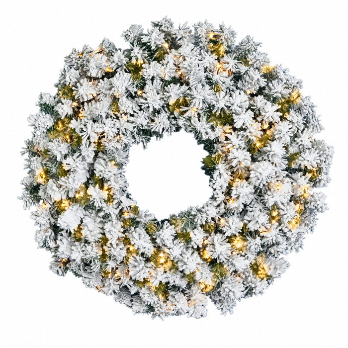 30" Flocked Artificial Pine Wreath, Battery LED Pre-Lit -White - C-260254B