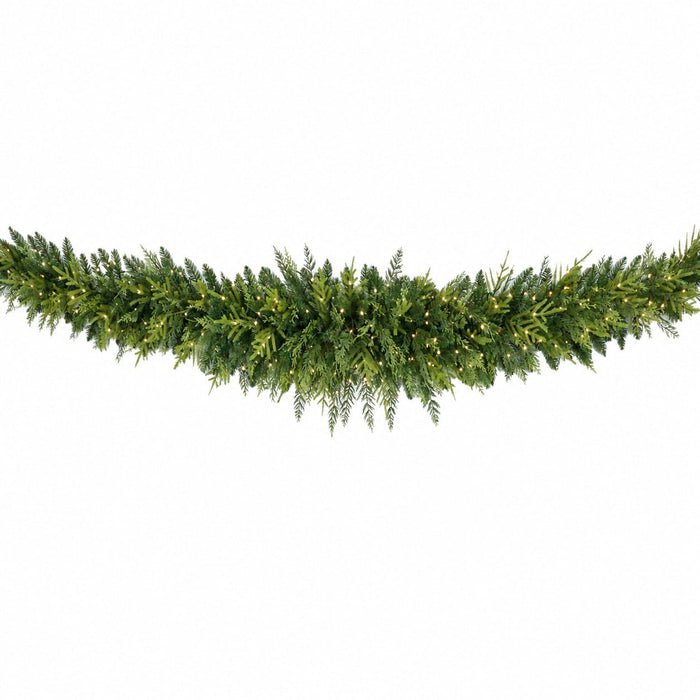 9'Wx12"H PE Artificial Cedar Mantel Swag, Micro LED Pre-Lit -Green - C-260444