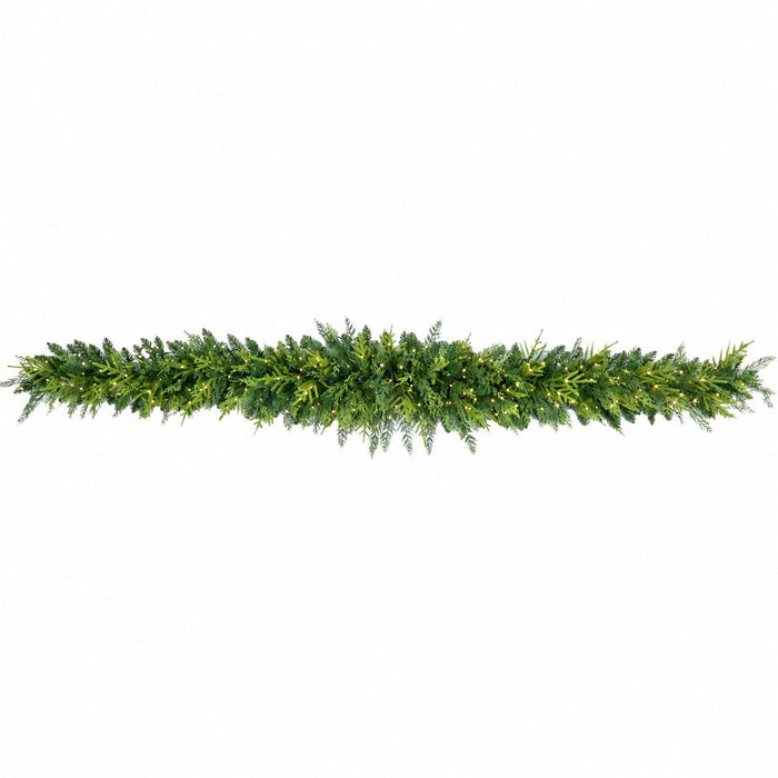 9'Wx12"H PE Artificial Cedar Mantel Swag, Micro LED Pre-Lit -Green - C-260444