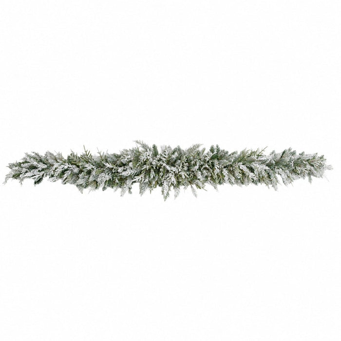 9'Wx12"H PE Flocked Artificial Cedar Mantel Swag -White/Green - C-260450