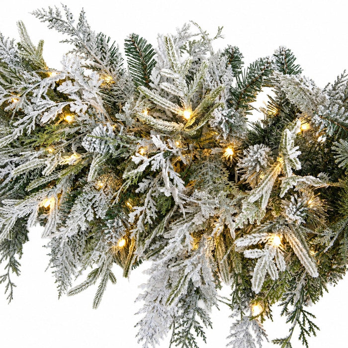 9'Wx12"H PE Flocked Artificial Cedar Mantel Swag, Micro LED Pre-Lit -White/Green - C-260454