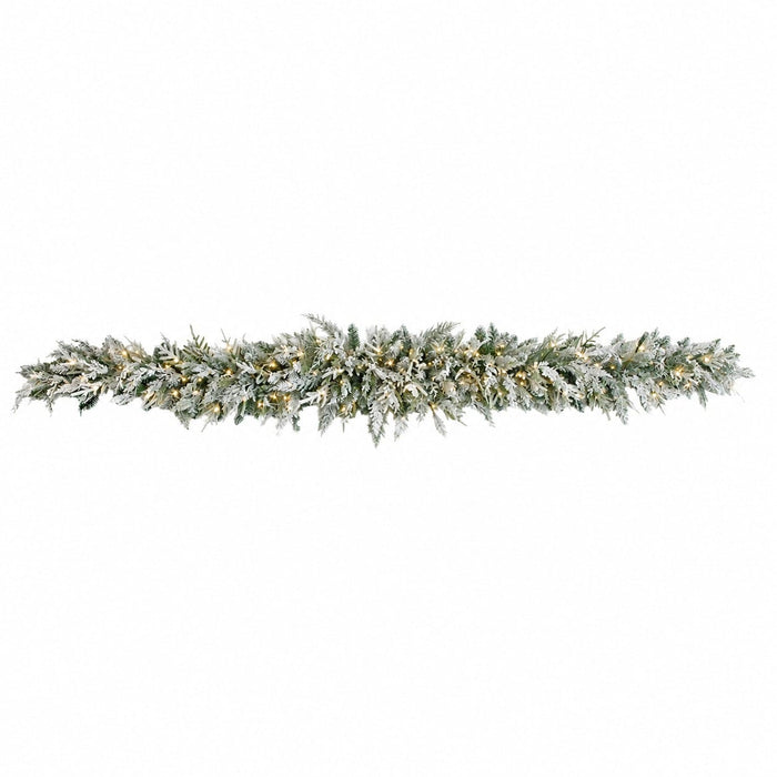 9'Wx12"H PE Flocked Artificial Cedar Mantel Swag, Micro LED Pre-Lit -White/Green - C-260454