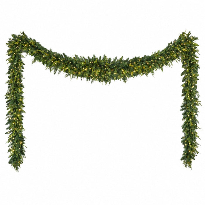 25'Wx10"H PE Artificial Mixed Cedar Mantel Swag, Micro LED Pre-Lit -Green - C-260484