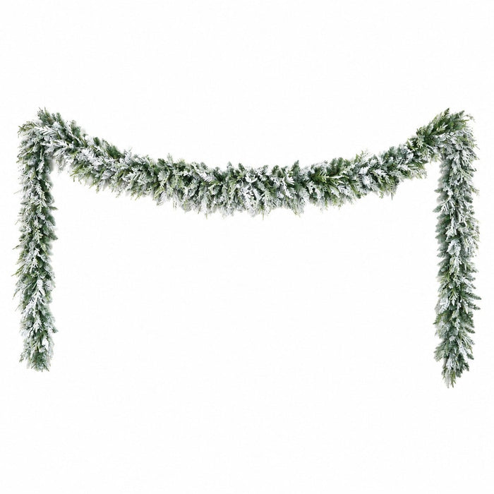 25'Wx10"H PE Flocked Artificial Mixed Cedar Mantel Swag -White/Green - C-260490