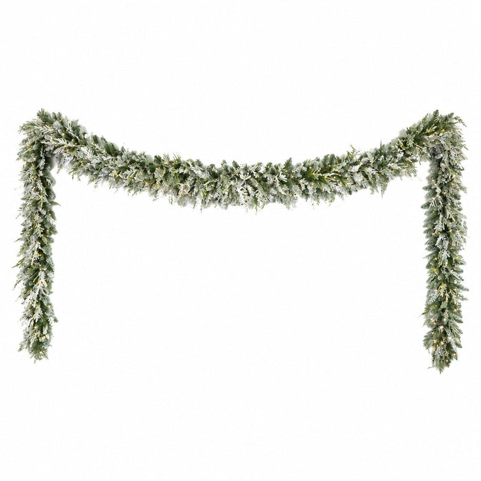 25'Wx10"H PE Flocked Artificial Mixed Cedar Mantel Swag, Micro LED Pre-Lit -White/Green - C-260494