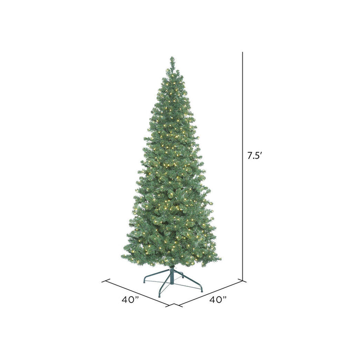 7'6"Hx40"W Slim Oregon Fir Artificial Christmas Tree, LED Pre-Lit -Green - C164076LED