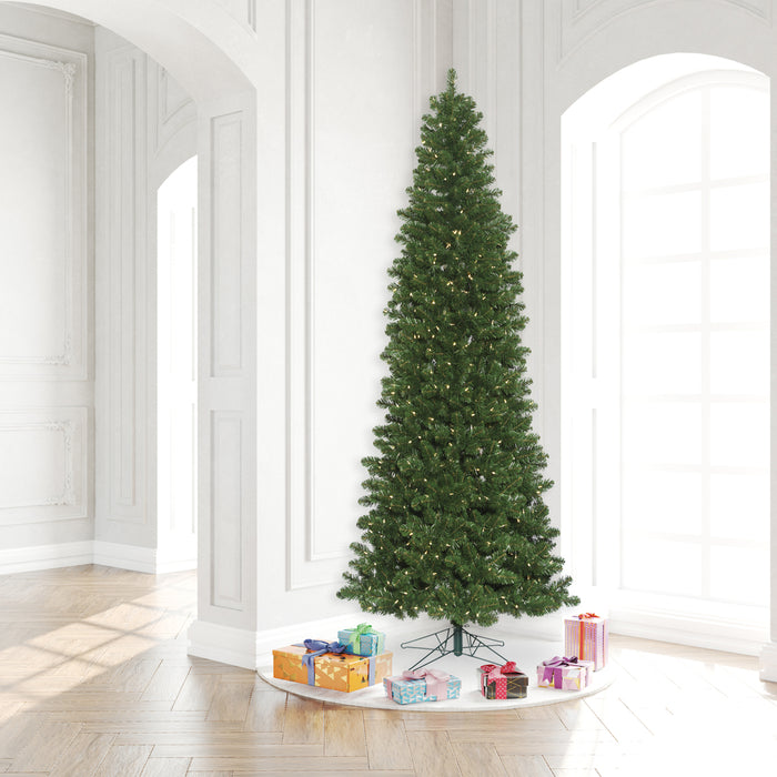 8'6"Hx42"W Slim Oregon Fir Artificial Christmas Tree, LED Pre-Lit -Green - C164081LED