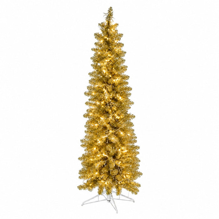 5'Hx20"W Tinsel Sparkling Champagne Pencil Artificial Christmas Tree, Micro LED Pre-Lit -Champagne - C182814