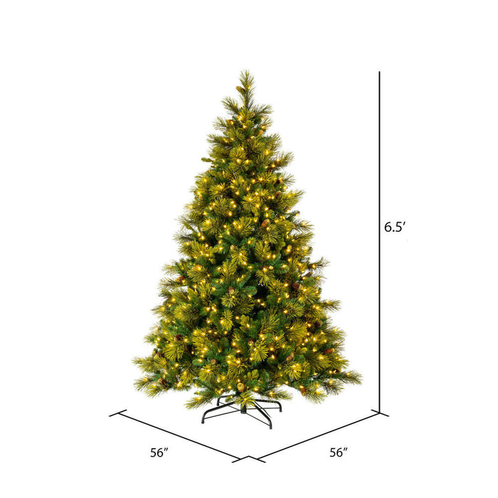 6'6"Hx56"W PE Emerald Mixed Fir & Pinecone Artificial Christmas Tree, LED Pre-Lit -Green/Brown - DT210566LED