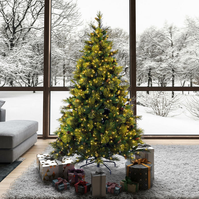 6'6"Hx56"W PE Emerald Mixed Fir & Pinecone Artificial Christmas Tree, LED Pre-Lit -Green/Brown - DT210566LED