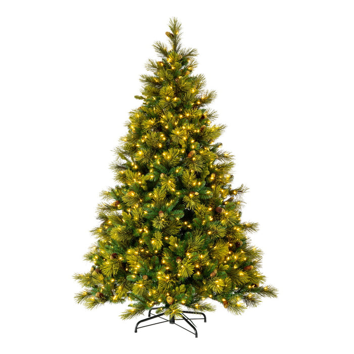 7'6"Hx62"W PE Emerald Mixed Fir & Pinecone Artificial Christmas Tree, LED Pre-Lit -Green/Brown - DT210576LED