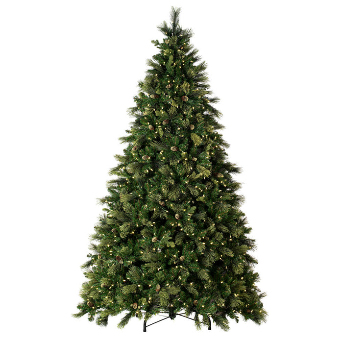 9'Hx74"W PE Emerald Mixed Fir & Pinecone Artificial Christmas Tree, LED Pre-Lit -Green/Brown - DT210581LED