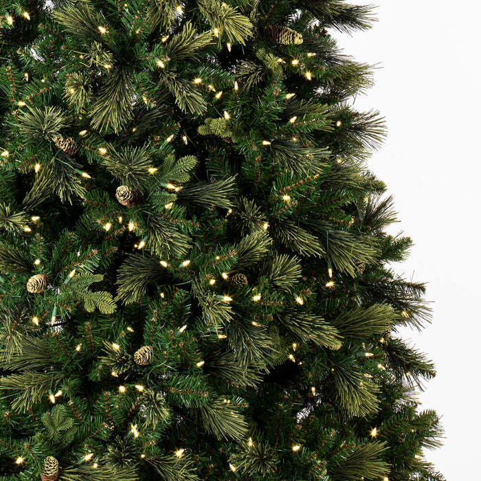 9'Hx74"W PE Emerald Mixed Fir & Pinecone Artificial Christmas Tree, LED Pre-Lit -Green/Brown - DT210581LED