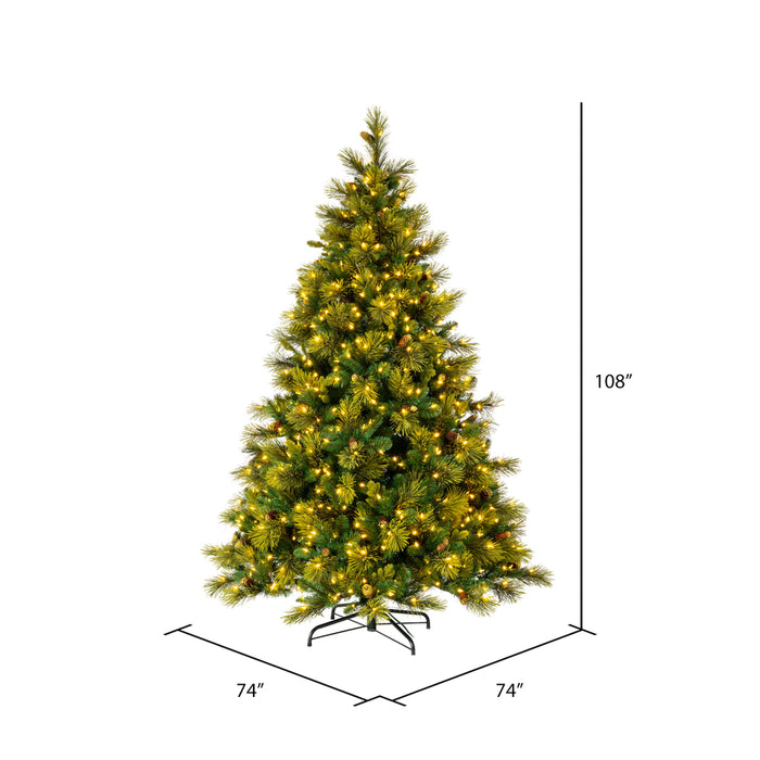 9'Hx74"W PE Emerald Mixed Fir & Pinecone Artificial Christmas Tree, LED Pre-Lit -Green/Brown - DT210581LED