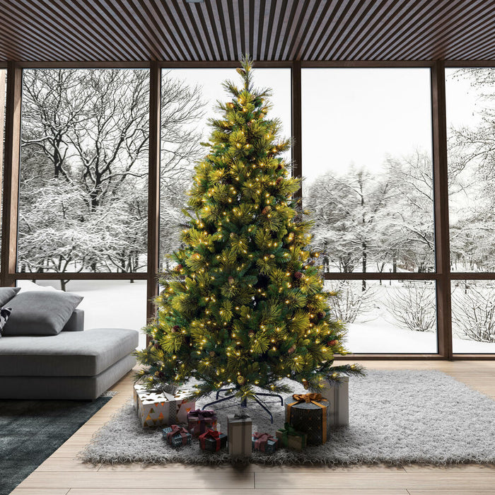 9'Hx74"W PE Emerald Mixed Fir & Pinecone Artificial Christmas Tree, LED Pre-Lit (Multi-Mode) -Green/Brown - DT210583LEDCC