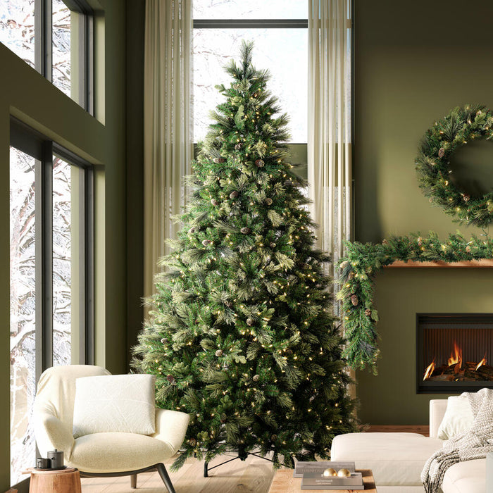9'Hx74"W PE Emerald Mixed Fir & Pinecone Artificial Christmas Tree, LED Pre-Lit -Green/Brown - DT210581LED