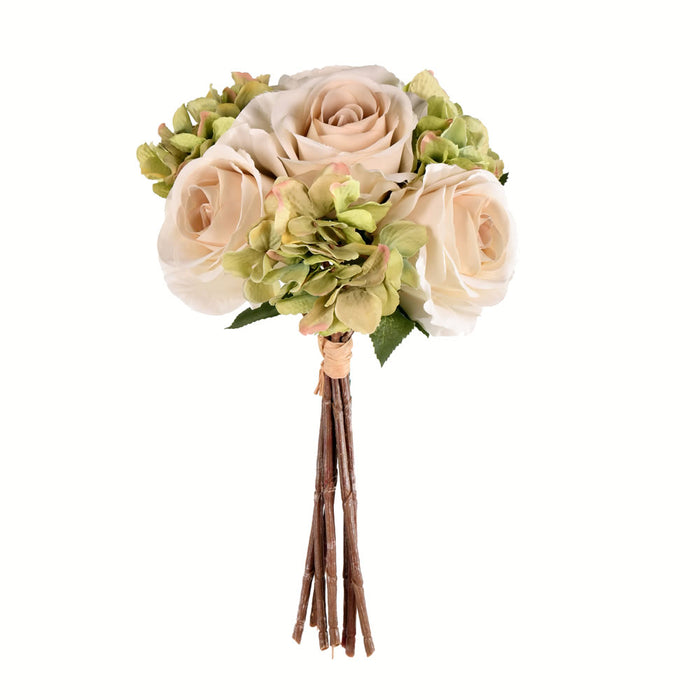 13" Rose & Hydrangea Silk Flower Bouquet -Green/Ivory (Pack of 6) - FA191004