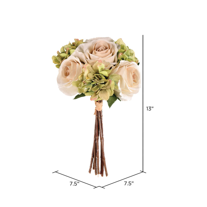 13" Rose & Hydrangea Silk Flower Bouquet -Green/Ivory (Pack of 6) - FA191004