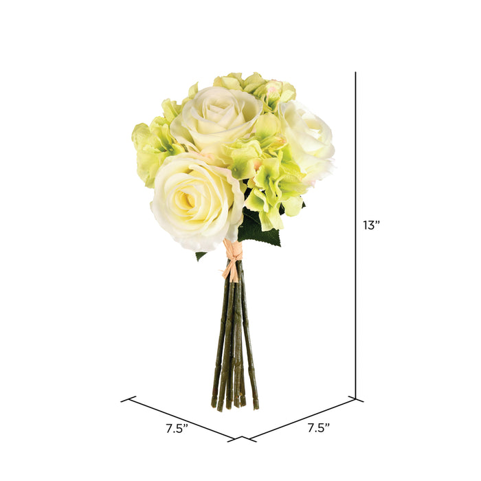13" Rose & Hydrangea Silk Flower Bouquet -Green/Cream (Pack of 6) - FA191005