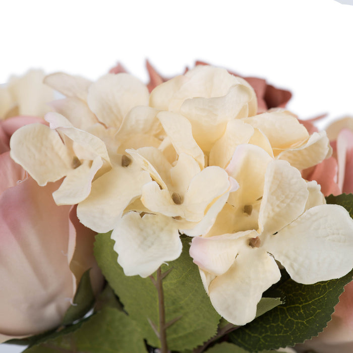 13" Rose & Hydrangea Silk Flower Bouquet -Cream/Pink (Pack of 6) - FA191007