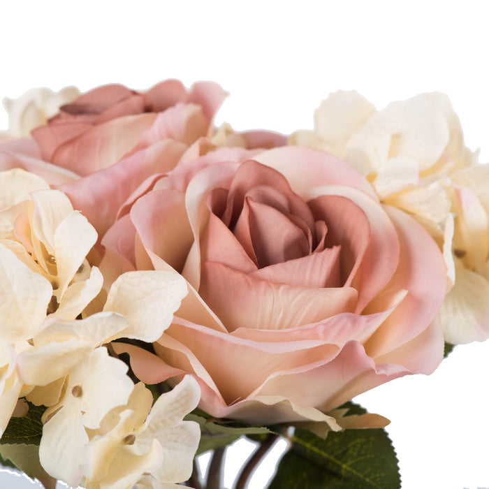 13" Rose & Hydrangea Silk Flower Bouquet -Cream/Pink (Pack of 6) - FA191007