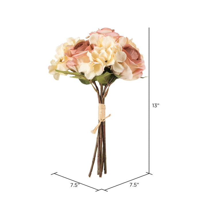 13" Rose & Hydrangea Silk Flower Bouquet -Cream/Pink (Pack of 6) - FA191007