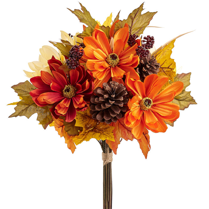 16" Silk Daisy, Pinecone & Maple Leaf Bouquet -Orange/Cream (Pack of 6) - FBD705-OR/CR