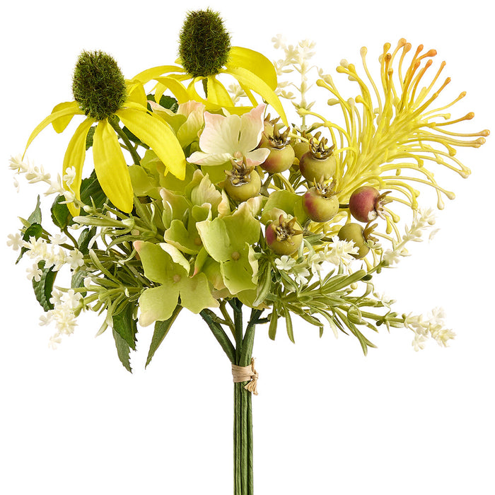 11.5" Hydrangea, Paranomus & Daisy Silk Flower Bouquet -Yellow/Green (Pack of 12) - FBH600-YE/GR