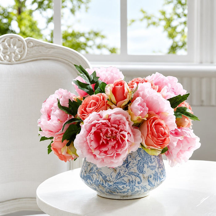 10" Peony & Rose Silk Flower Bouquet -Rose/Pink (Pack of 24) - FBQ038-RO/PK