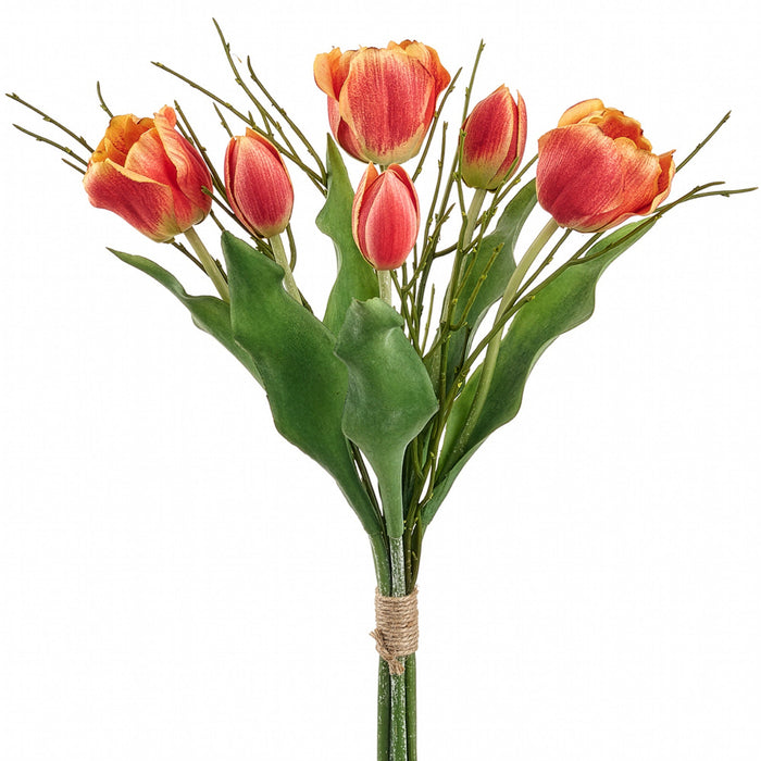 15" Tulip Flower & Grass Silk Flower Bouquet -Flame (Pack of 12) - FBQ052-FL