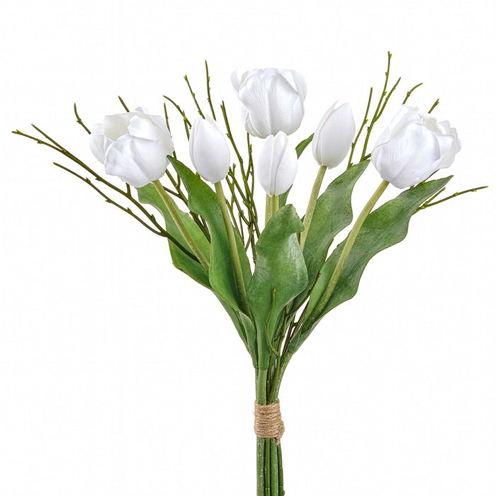 15" Tulip Flower & Grass Silk Flower Bouquet -White (Pack of 12) - FBQ052-WH