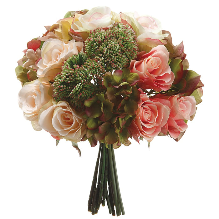 11" Hydrangea, Rose & Sedum Silk Flower Bouquet -Pink/Green (pack of 6) - FBQ056-PK/GR