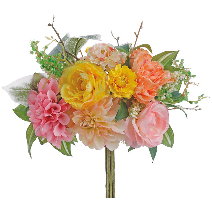 17" Dahlia & Ranunculus Silk Flower Bouquet -Pink/Peach (Pack of 6) - FBQ081-PK/PE