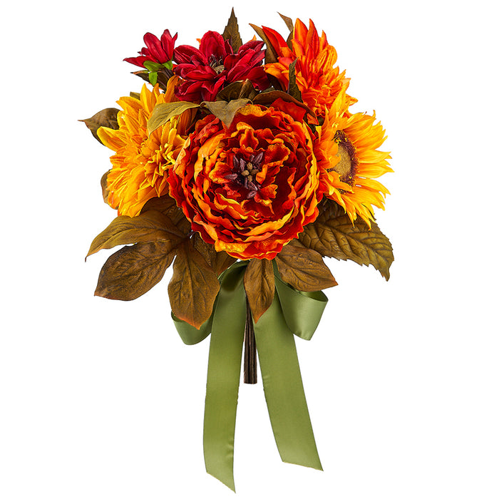 16" Peony, Dahlia & Sunflower Silk Flower Bouquet -Orange/Mustard (pack of 6) - FBQ166-OR/MD