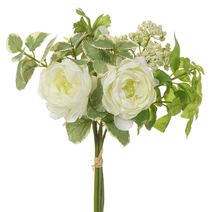11" Ranunculus, Angelica & Herb Leaf Silk Flower Bouquet -White/Green (Pack of 12) - FBQ256-WH/GR