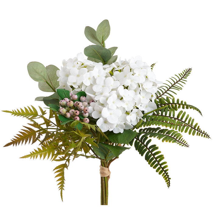 18.5" Hydrangea & Fern Leaf Silk Flower Bouquet -White (pack of 6) - FBQ271-WH