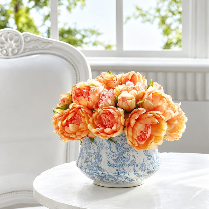 9.5" Peony Silk Flower Bouquet -Coral (Pack of 12) - FBQ315-CO