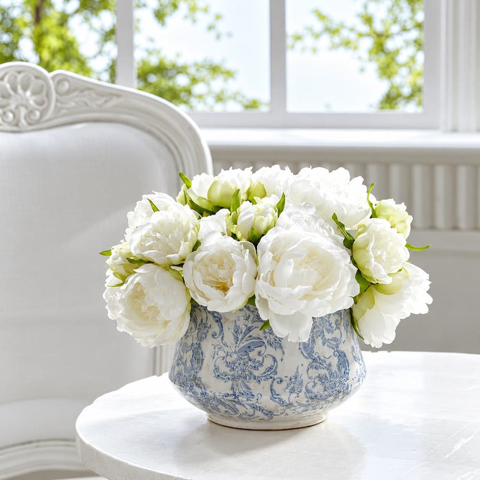 9.5" Peony Silk Flower Bouquet -White (Pack of 12) - FBQ315-WH