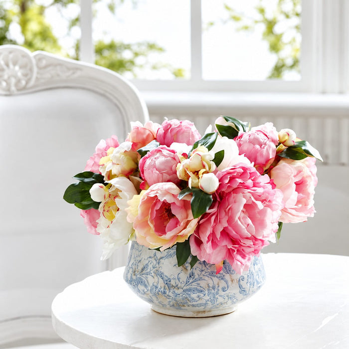 11.5" Peony Silk Flower Bouquet -Pink/Cream (Pack of 6) - FBQ319-PK/CR