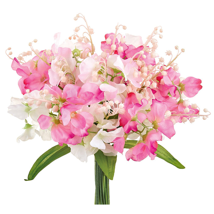 14" Sweet Pea & Lily Of The Valley Silk Flower Bouquet -Pink/White (Pack of 6) - FBQ350-PK/WH