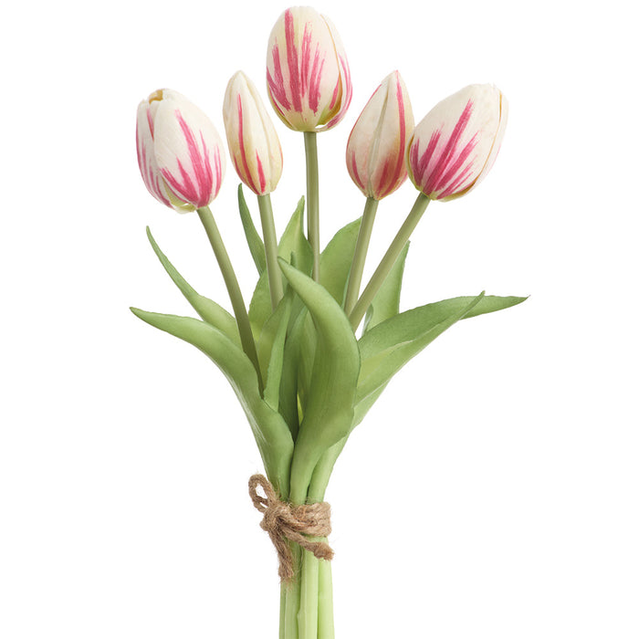 10" Real Touch Tulip Silk Flower Bouquet -White/Fuchsia (Pack of 12) - FBQ355-WH/FU