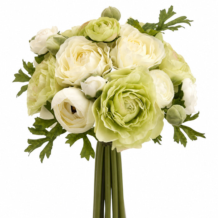 9" Ranunculus Silk Flower Bouquet -Green/Cream (Pack of 6) - FBQ368-GR/CR