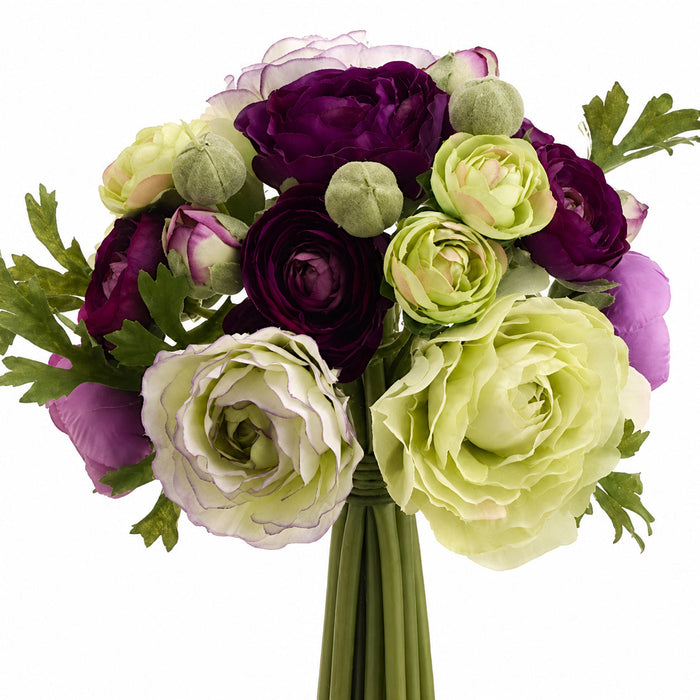 9" Ranunculus Silk Flower Bouquet -Purple/Green (Pack of 6) - FBQ368-PU/GR