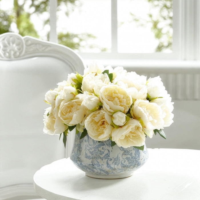 9" Peony Silk Flower Bouquet -Cream (Pack of 6) - FBQ382-CR