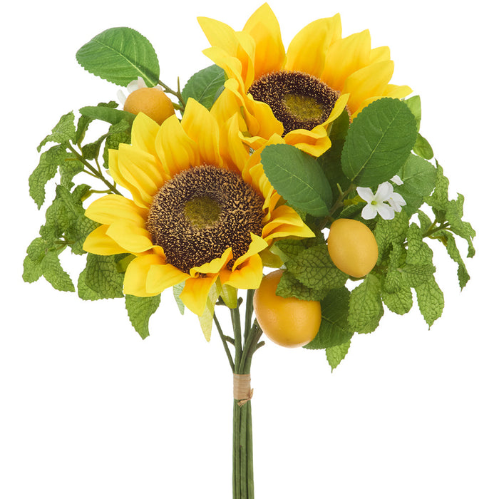 15" Sunflower, Mint Leaf & Lemon Silk Flower Bouquet -Yellow/Green (Pack of 6) - FBQ480-YE/GR