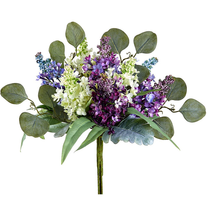 14" Silk Lilac Flower & Eucalyptus Bouquet -Purple/Lavender (pack of 6) - FBQ512-PU/LV