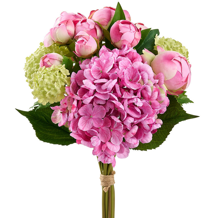 17" Hydrangea, Snowball & Ranunculus Bud Silk Flower Bouquet -Beauty/Green (Pack of 4) - FBQ588-BT/GR