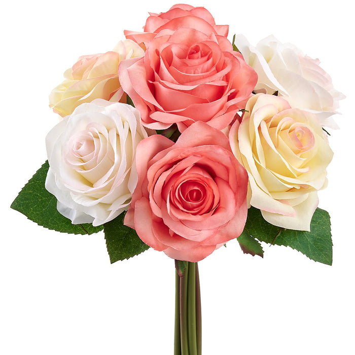 12" Rose Silk Flower Bouquet -Coral/Yellow (Pack of 12) - FBQ711-CO/YE