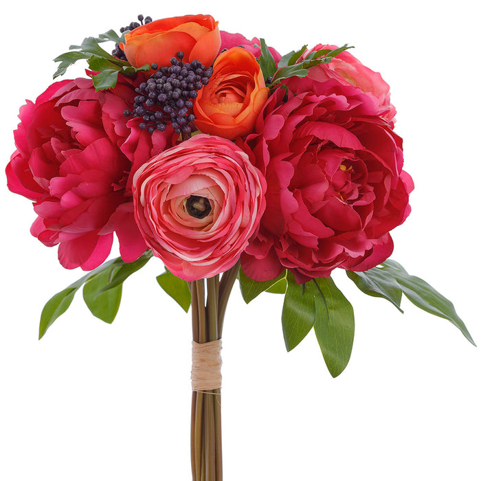 13" Real Touch Peony & Ranunculus Silk Flower Bouquet -Fuchsia/Orange (Pack of 6) - FBQ728-FU/OR